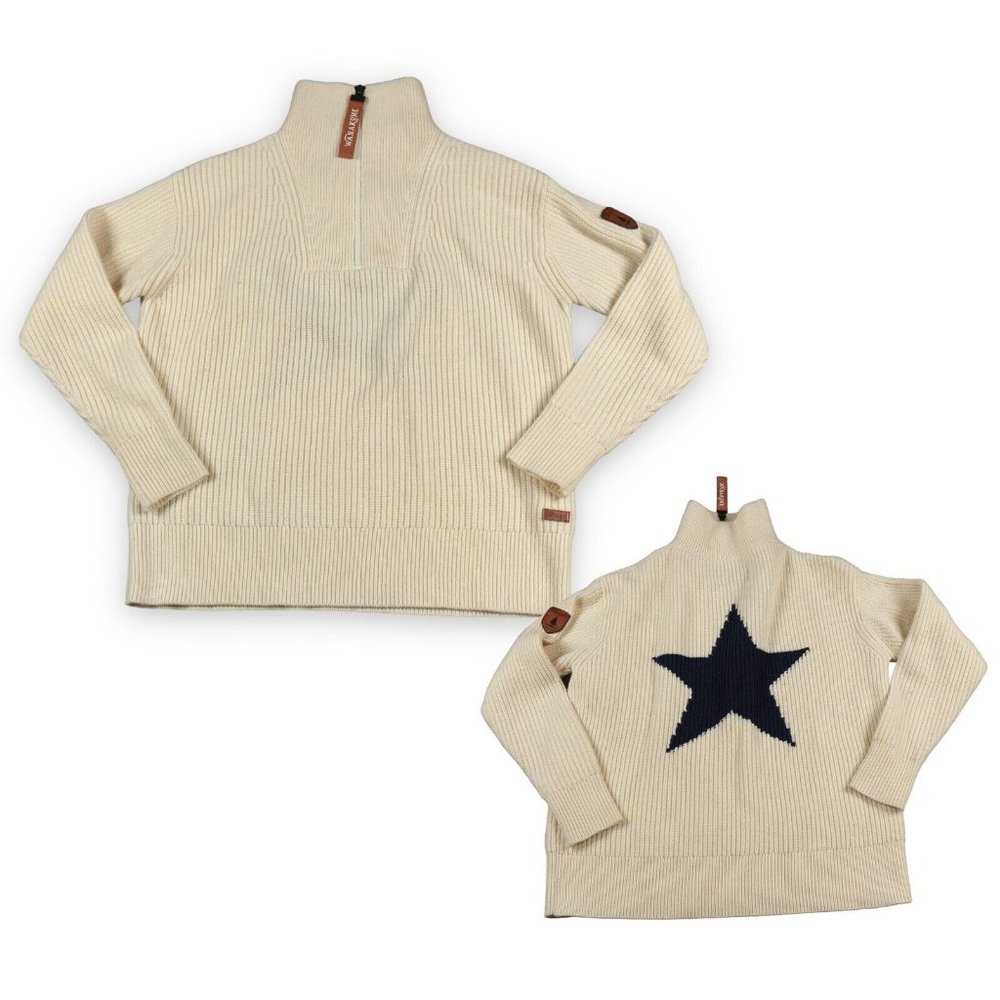 Wanakome Noemie Wool Sweater Women XS Off White Blue Star 1/4 Zip‎ Warm Comfy